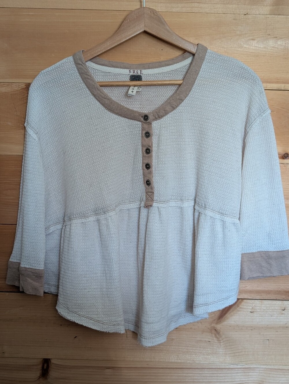 Free People Cream Waffle Knit Henley Shirt with Tan Trim * Small
